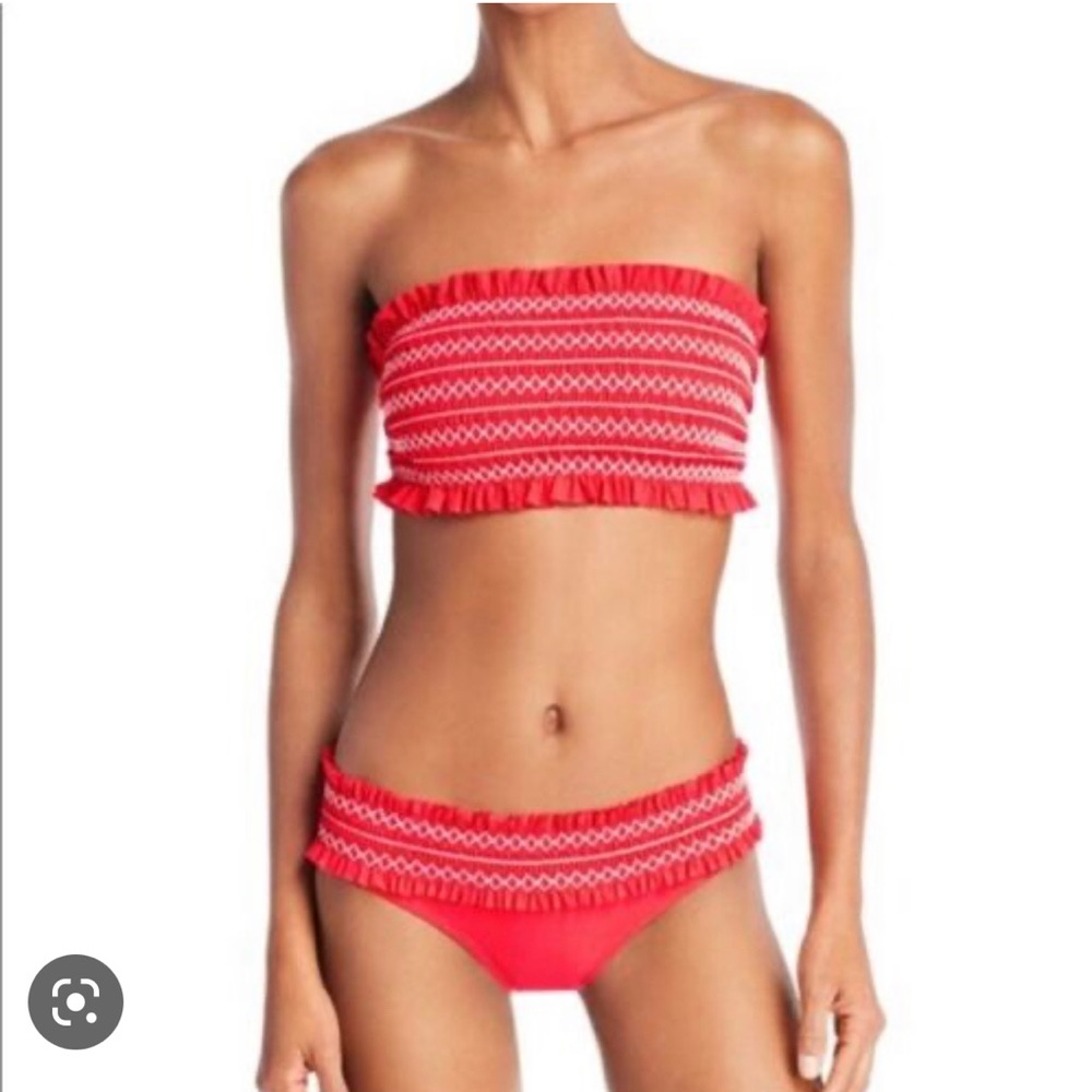 TORY BURCH Costa Hipster Smocked Bikini. Red. Small top, Medium Bottom